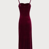 Wine Red Sleeveless Straps Velour Midi Dress