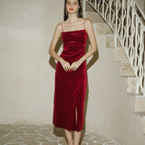Wine Red Sleeveless Straps Velour Midi Dress