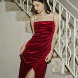 Wine Red Sleeveless Straps Velour Midi Dress