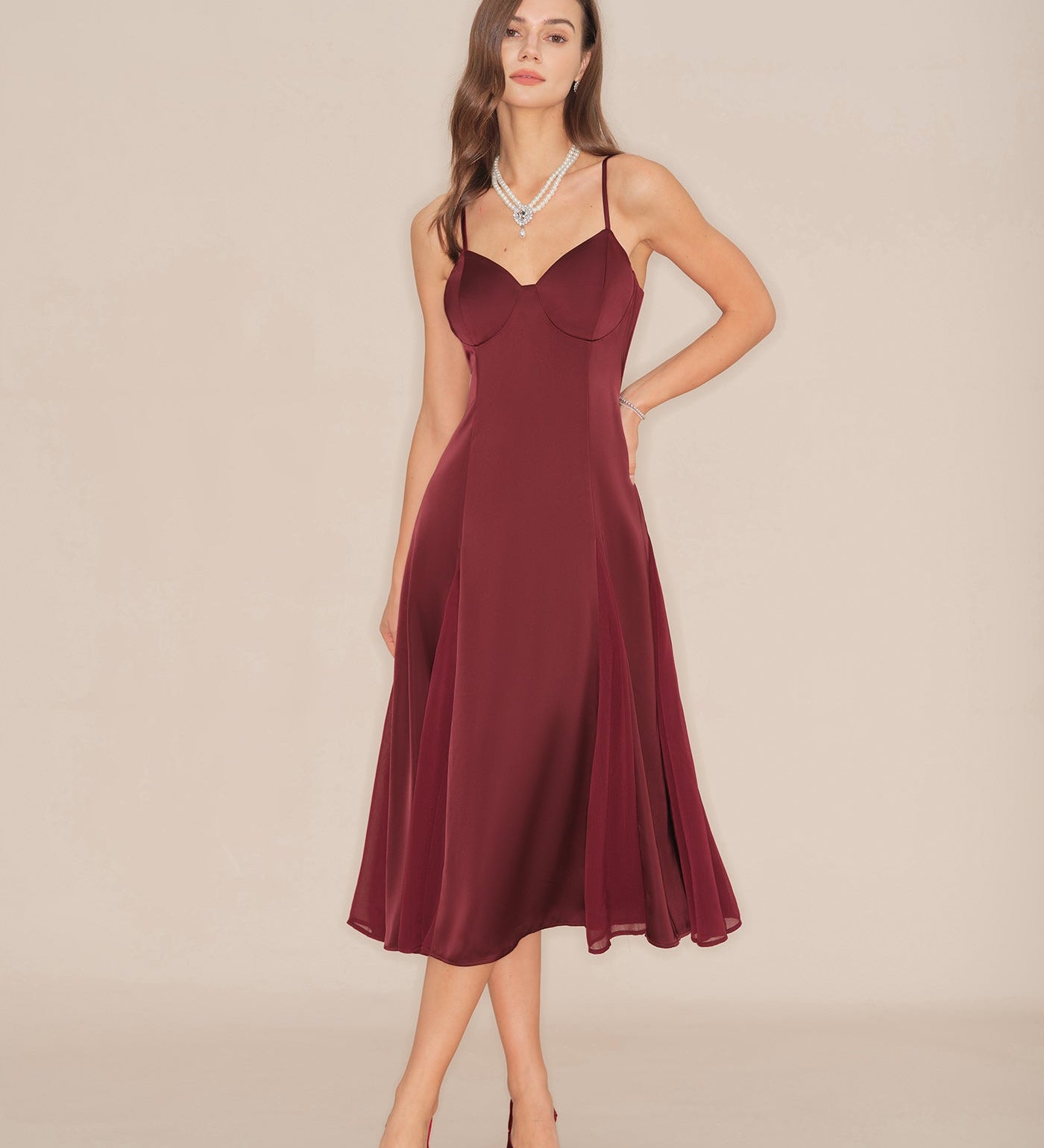 Wine Red Slip A-Line Midi Dress