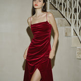 Wine Red Sleeveless Straps Velour Midi Dress