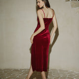 Wine Red Sleeveless Straps Velour Midi Dress