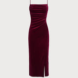 Wine Red Sleeveless Straps Velour Midi Dress