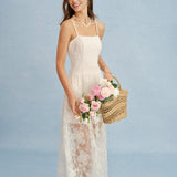 Apricot Sheer Lace Slip Maxi Dress