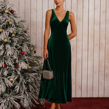 Green Velour V-Neck Sleeveless Maxi Dress