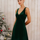 Green Velour V-Neck Sleeveless Maxi Dress