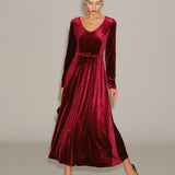 Wine Red Velour V Neck Maxi Dress