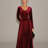Wine Red Velour V Neck Maxi Dress