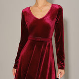 Wine Red Velour V Neck Maxi Dress