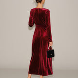 Wine Red Velour V Neck Maxi Dress