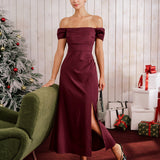 Wine Red Off The Shoulder Maxi Dress