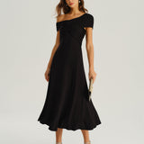 Black One Shoulder A-Line Midi Dress
