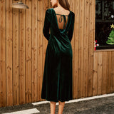 Green Velour Boat Neck Ruched Midi Dress