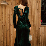 Green Velour Boat Neck Ruched Midi Dress