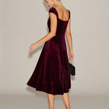 Red Velour Sweetheart Neck Midi Dress
