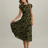 Green Floral A-Line Cap Sleeve Midi Dress