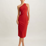 Red Knit One shoulder Midi Dress