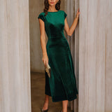 Green Velour A-Line Midi Dress