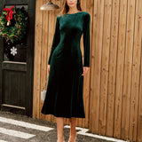 Green Velour Boat Neck Ruched Midi Dress