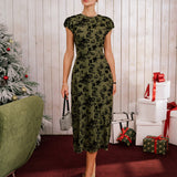 Green Floral A-Line Cap Sleeve Midi Dress