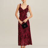 Red Floral Ruffle Slip Midi Dress