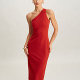 Red Knit One shoulder Midi Dress