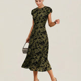 Green Floral A-Line Cap Sleeve Midi Dress