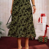Green Floral A-Line Cap Sleeve Midi Dress