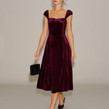 Red Velour Sweetheart Neck Midi Dress