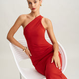 Red Knit One shoulder Midi Dress