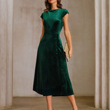 Green Velour A-Line Midi Dress