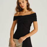 Black One Shoulder A-Line Midi Dress
