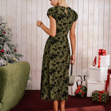 Green Floral A-Line Cap Sleeve Midi Dress
