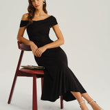 Black One Shoulder A-Line Midi Dress
