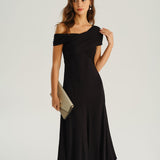 Black One Shoulder A-Line Midi Dress