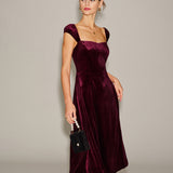 Red Velour Sweetheart Neck Midi Dress