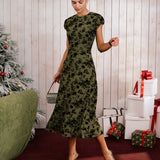 Green Floral A-Line Cap Sleeve Midi Dress