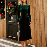 Green Velour Boat Neck Ruched Midi Dress