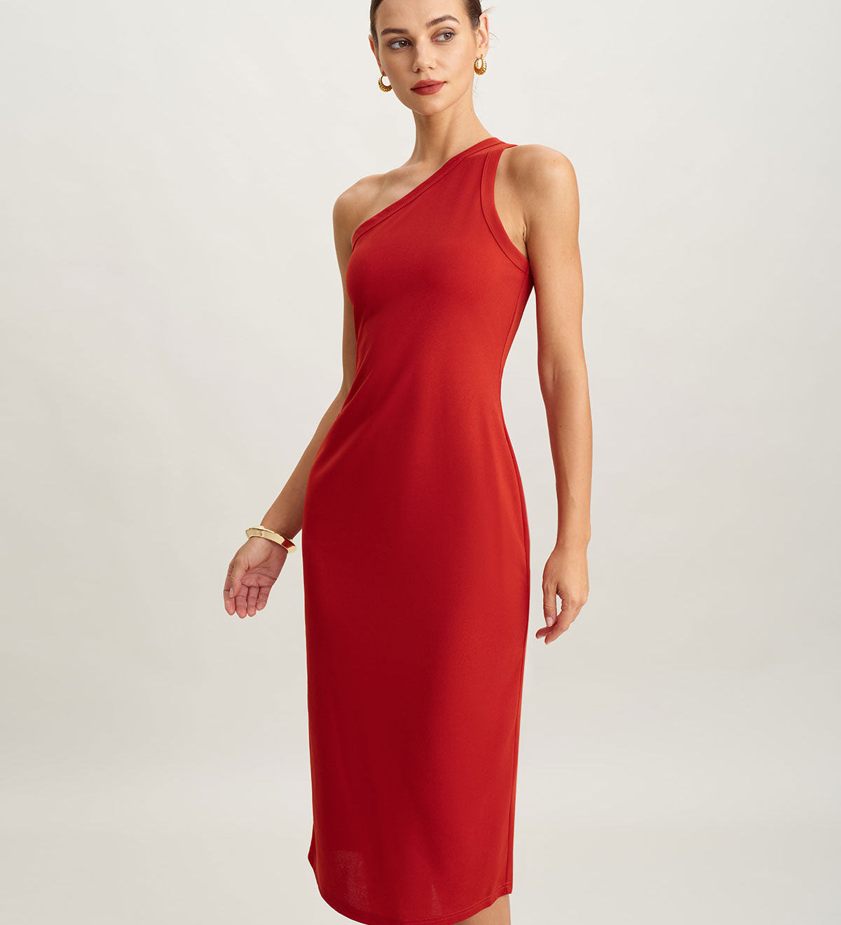 Red Knit One shoulder Midi Dress
