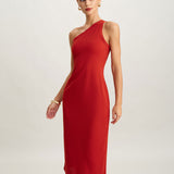 Red Knit One shoulder Midi Dress