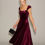 Red Velour Sweetheart Neck Midi Dress