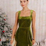 Green Velour Sleeveless Slit Mini Dress