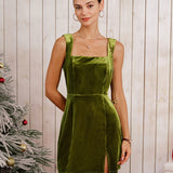 Green Velour Sleeveless Slit Mini Dress