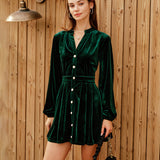 Green Velour Lantern Sleeve Mini Dress