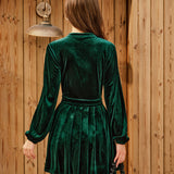 Green Velour Lantern Sleeve Mini Dress