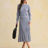 Blue Elastic Waist A-Line Midi Skirt