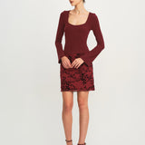 Wine Red Elastic Waist Floral Mini Skirt