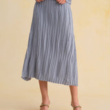 Blue Elastic Waist A-Line Midi Skirt