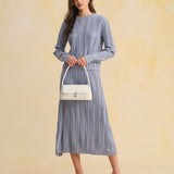 Blue Elastic Waist A-Line Midi Skirt