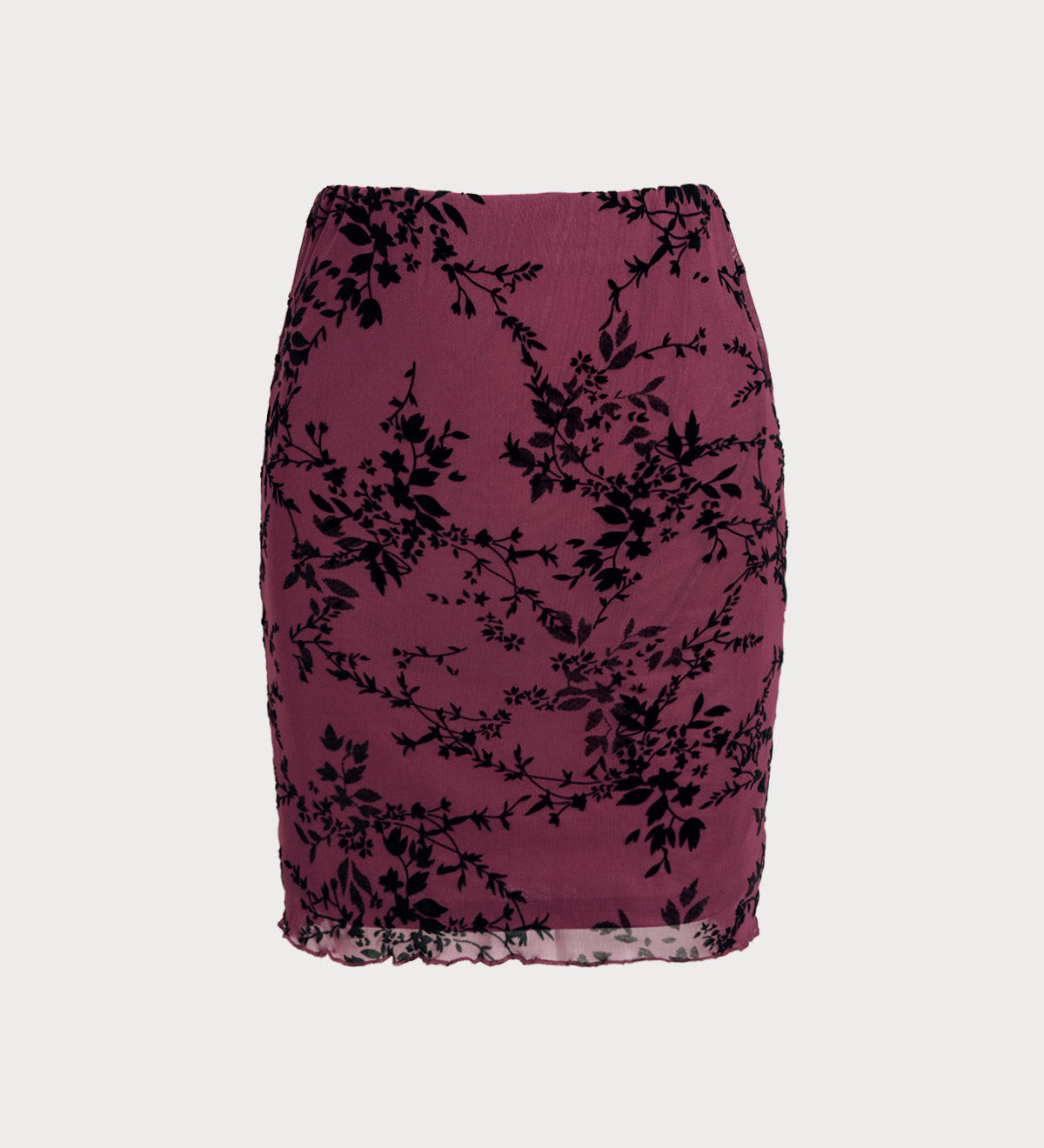 Wine Red Elastic Waist Floral Mini Skirt